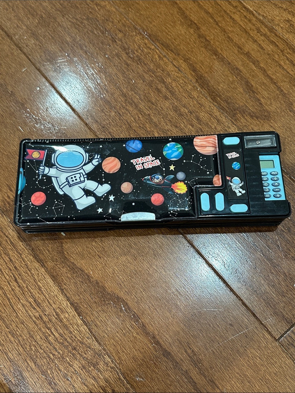 Space Theme multi functional Pencil Case with Astronaut Graphic - Black